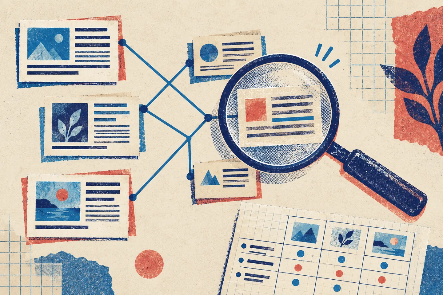 Risograph illustration of three web pages connected to shared source pages, with a magnifying glass examining a passage and a comparison worksheet below.