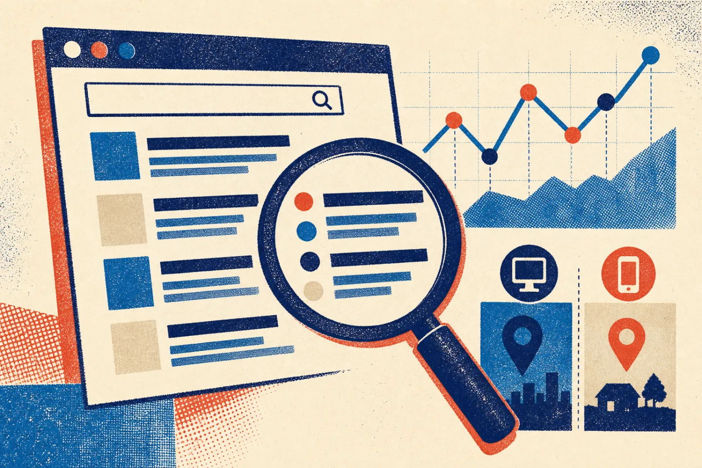 Riso-style illustration of a magnifying glass inspecting search result rows beside a keyword ranking trend chart and location and device markers.