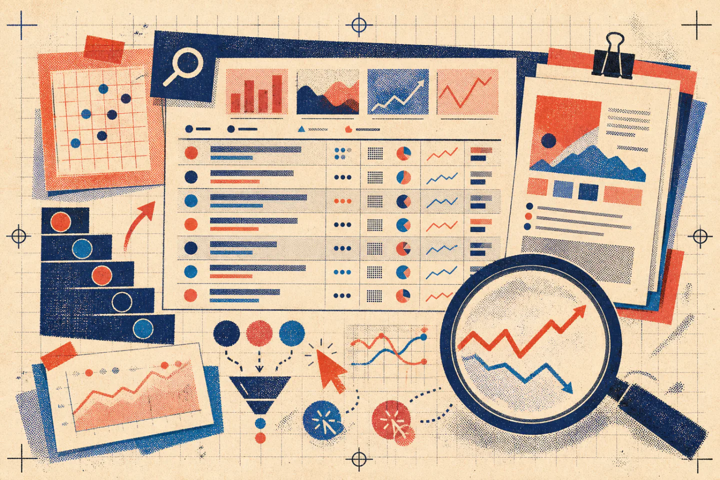 Risograph-style analytics workboard with search-result rows, charts, ranking steps, and a magnifying glass on warm paper.