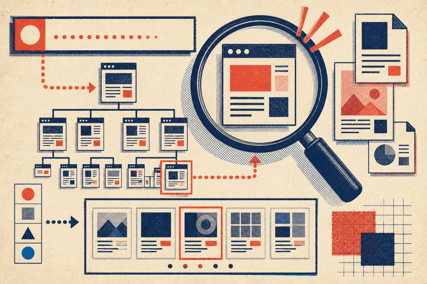 Riso-style illustration of a magnifying glass scanning a branching map of website pages and highlighting one search result.