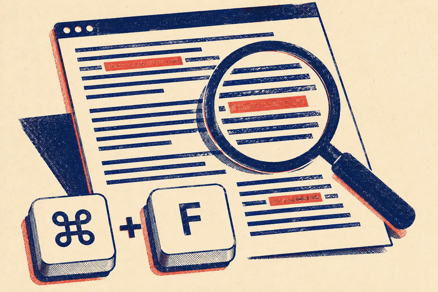 Indigo and coral risograph illustration of Command and F keys beside a document with highlighted text and a magnifying glass on warm paper.