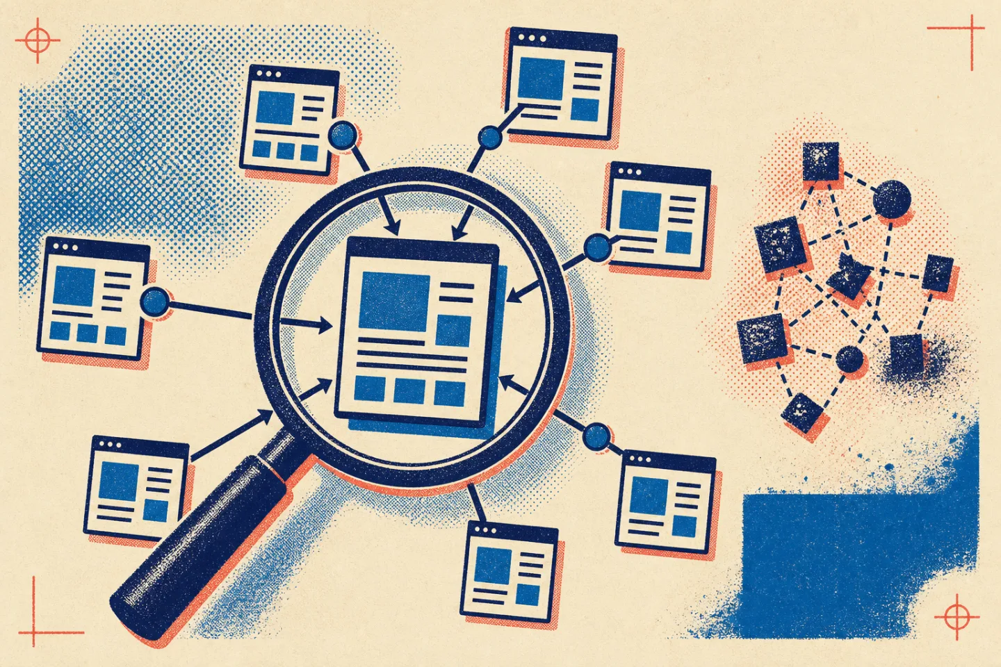 Riso-style diagram of a magnifying glass examining a central webpage as multiple referring pages link toward it, with a separate cluster of noisy links.