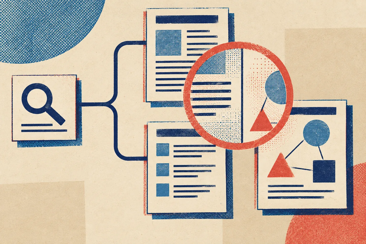 Risograph illustration of one search query branching toward distinct page layouts, with a coral inspection circle comparing their content on textured cream paper.
