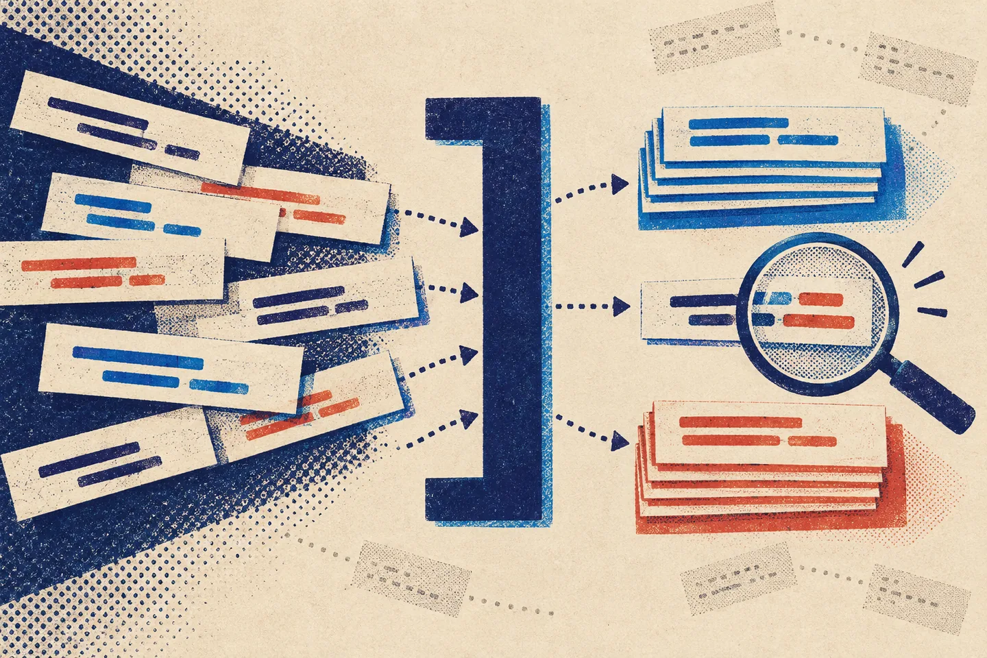 Risograph illustration of query strips passing through an indigo filter into blue and coral groups, with a magnifying glass examining an ambiguous match.