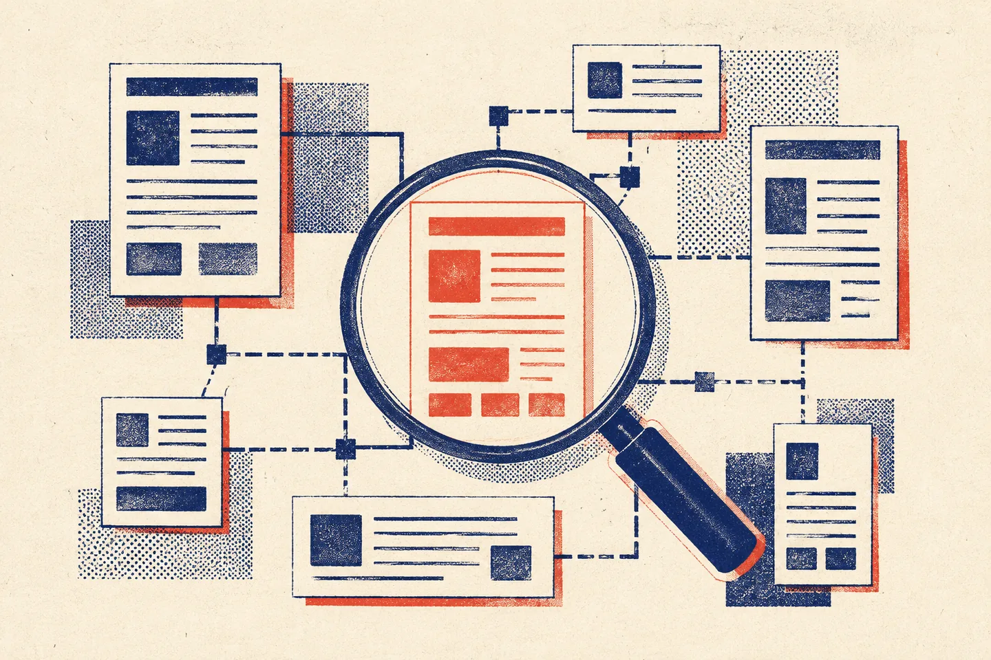 Indigo magnifying glass highlights a coral web page among connected page outlines, printed with halftone textures on warm cream paper.